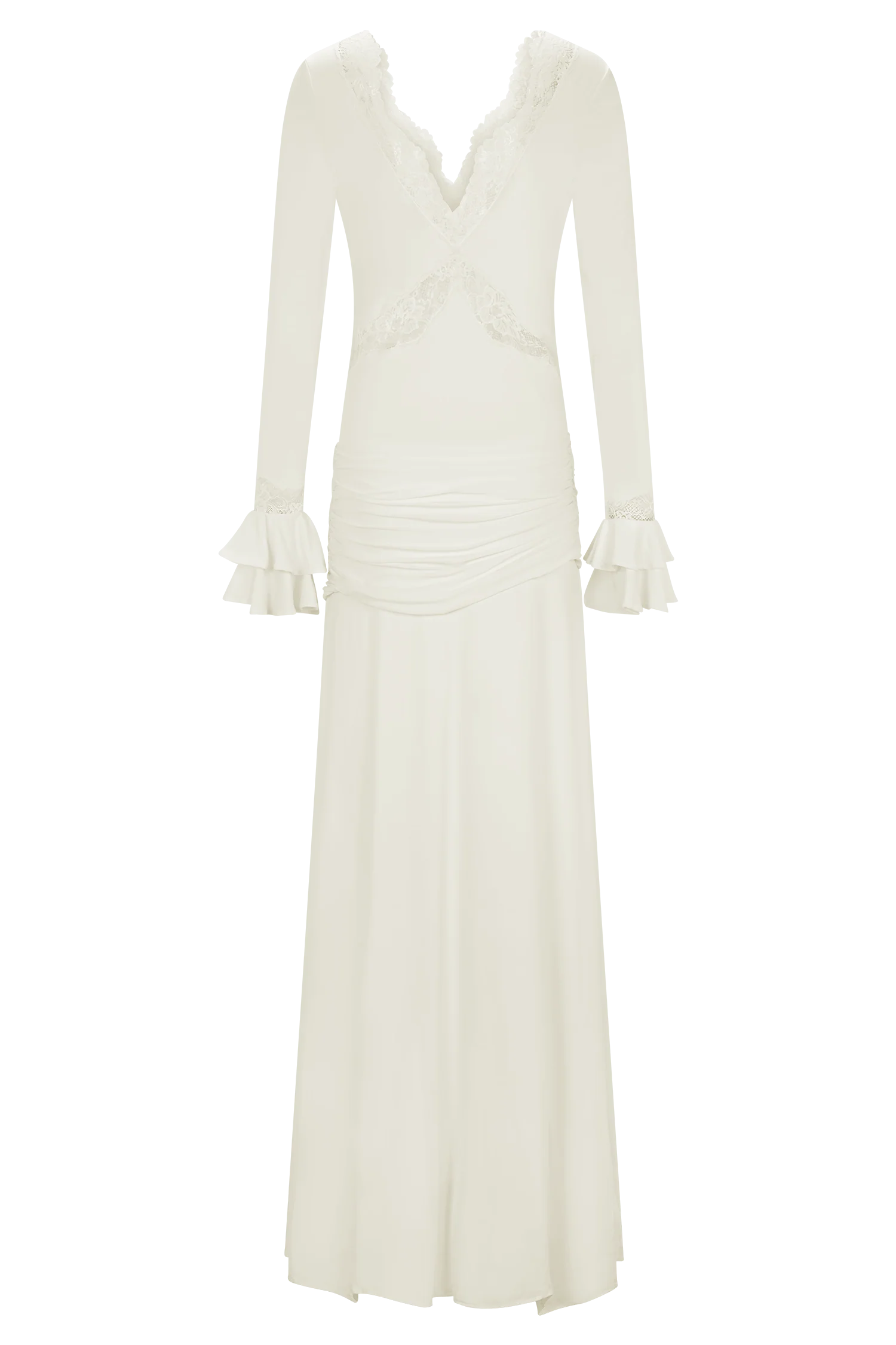 V-Neck Long-Sleeve Lace-Panel Waist-Drape Knit Dress