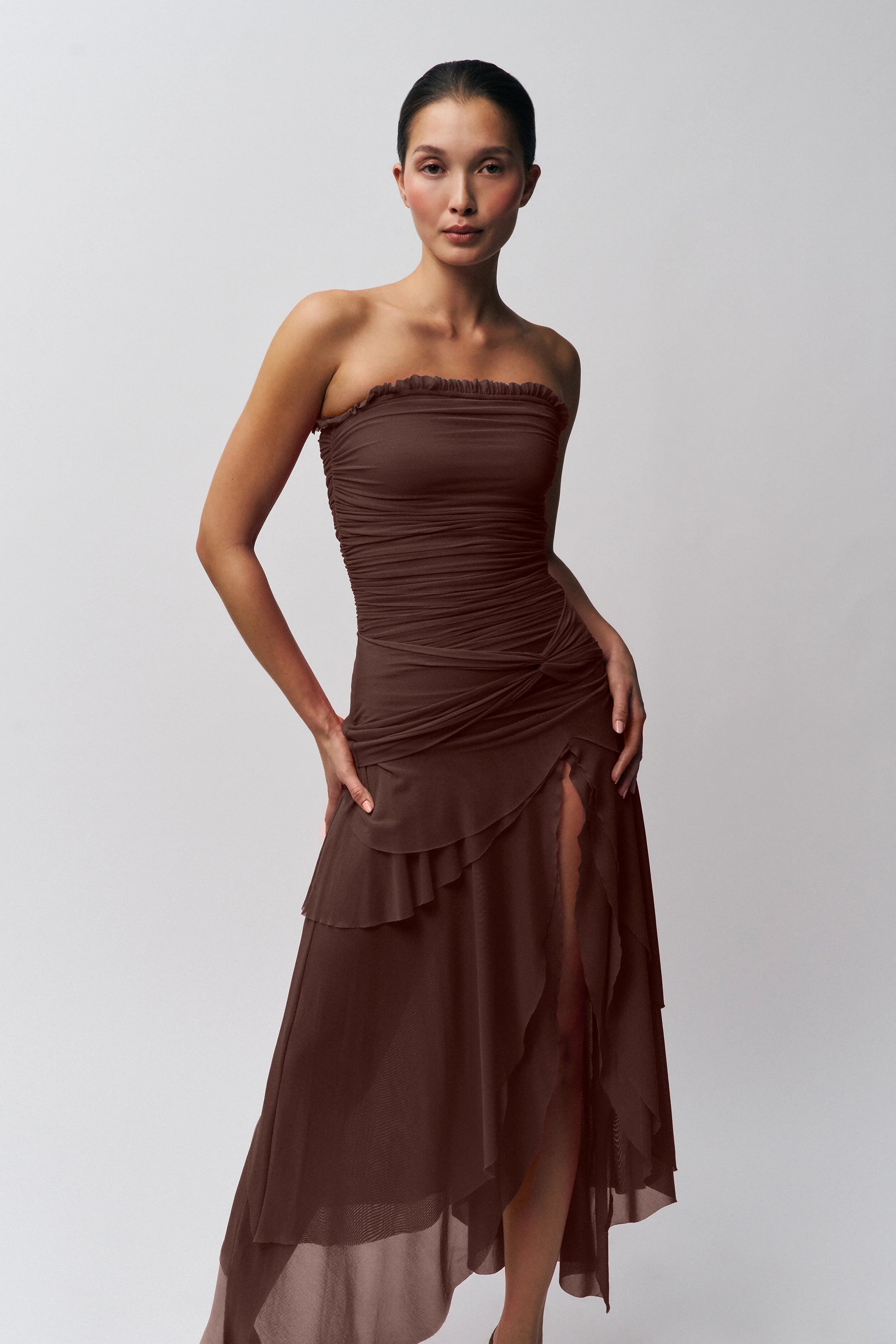 Strapless Waist Twist Front Slit Dress