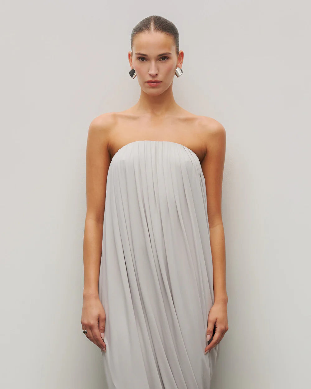 Strapless Draped Side-Slit Wrap Grey Dress