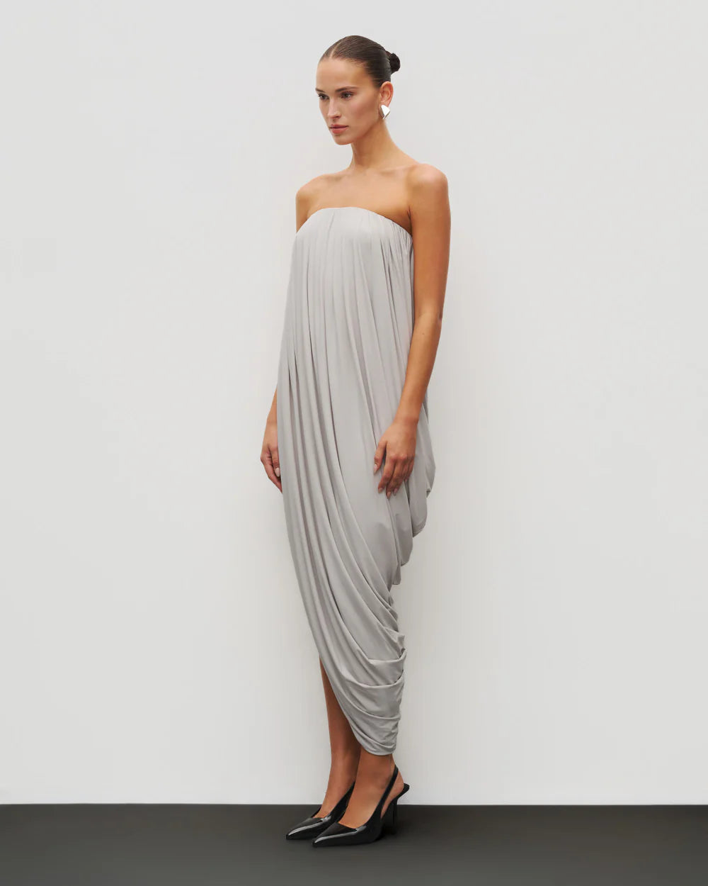 Strapless Draped Side-Slit Wrap Grey Dress