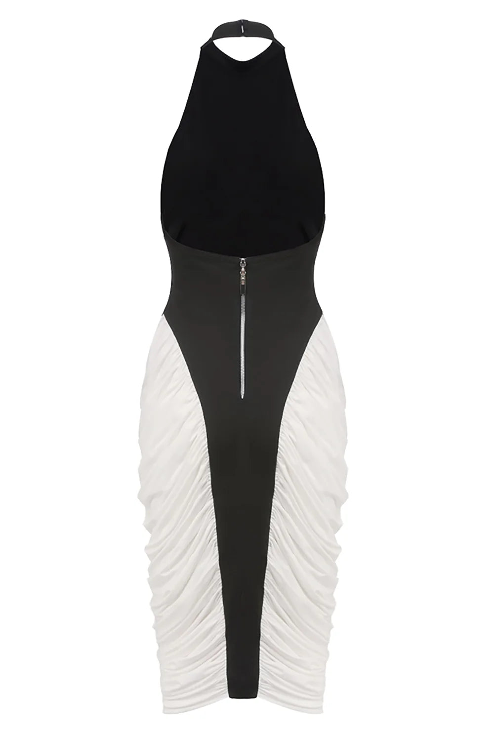 Halter High-Neck Sleeveless Backless Black-and-White Pleated Dress