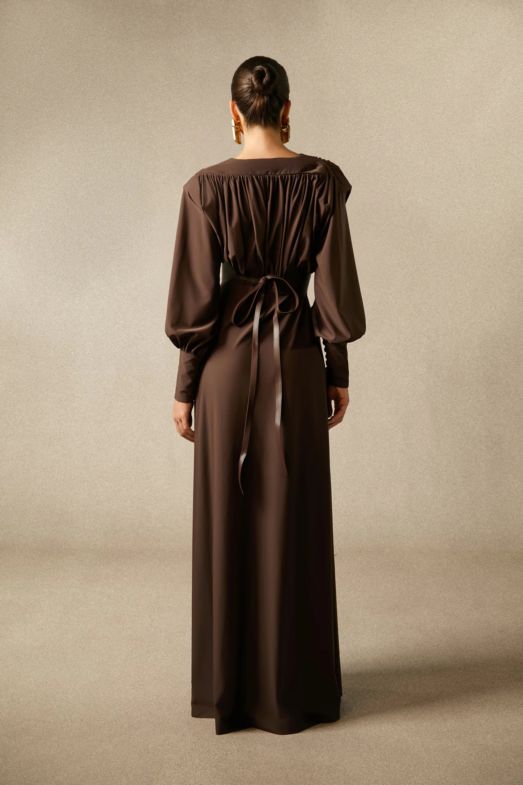 Deep V-Neck Lantern Sleeve Draped Pleated Dress