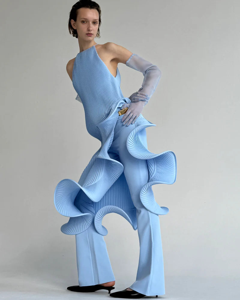 Sleeveless Pleated Tie-Hem Horsehair-Trim Blue Dress