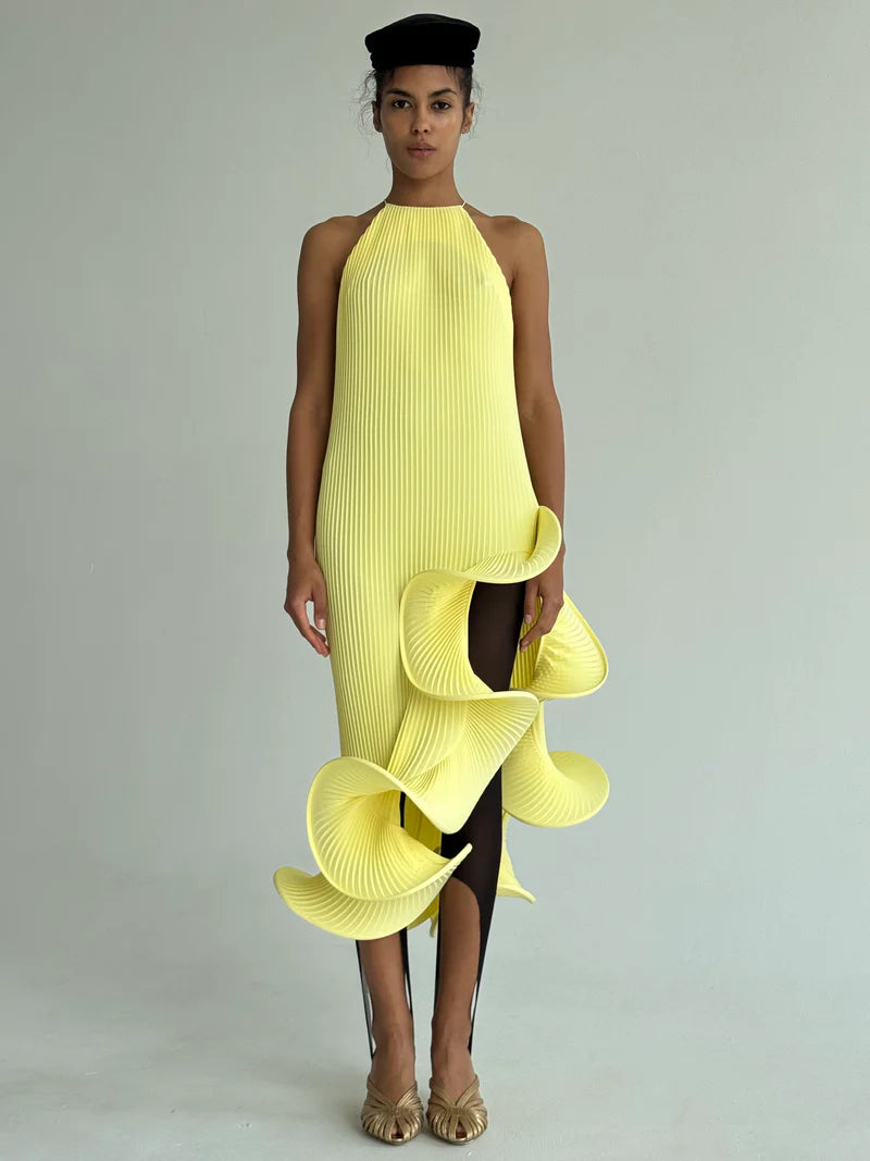 Sleeveless Pleated Tie-Hem Horsehair-Trim Dress