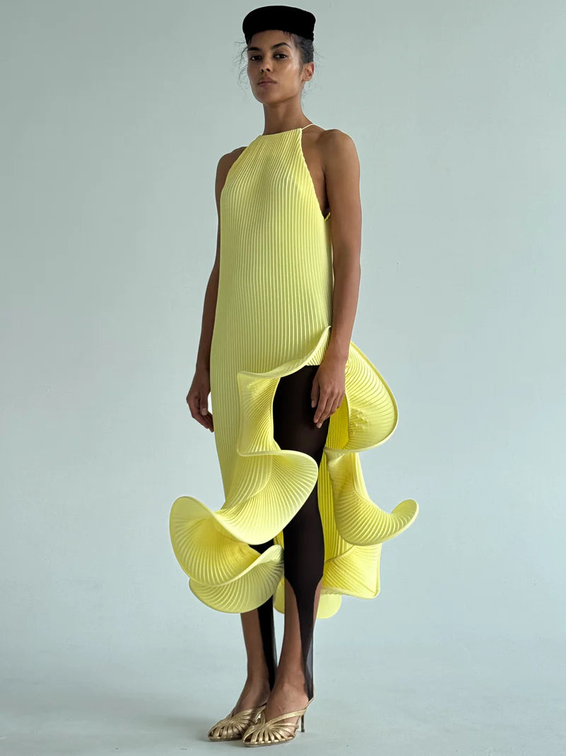 Sleeveless Pleated Tie-Hem Horsehair-Trim Dress