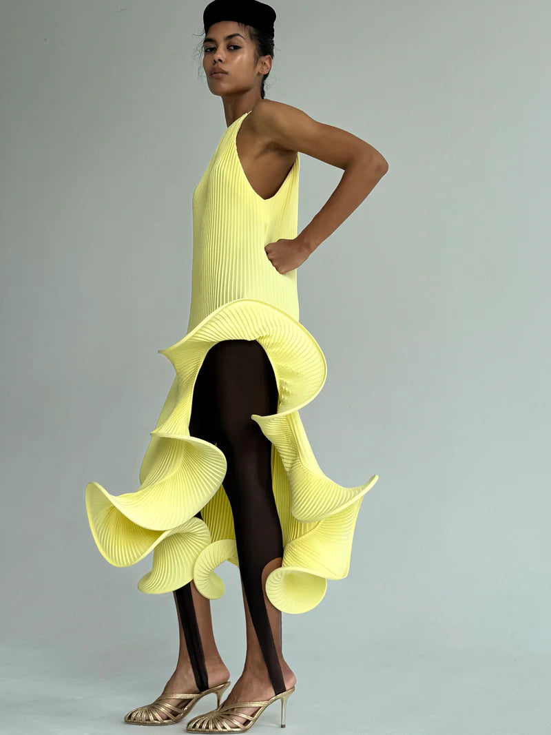 Sleeveless Pleated Tie-Hem Horsehair-Trim Dress