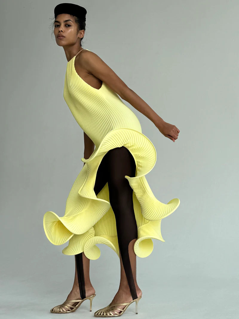Sleeveless Pleated Tie-Hem Horsehair-Trim Dress