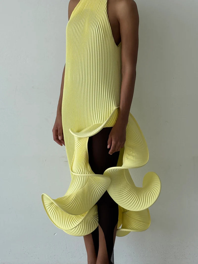 Sleeveless Pleated Tie-Hem Horsehair-Trim Dress