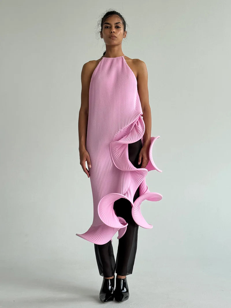 Sleeveless Pleated Tie-Hem Horsehair-Trim Pink Dress