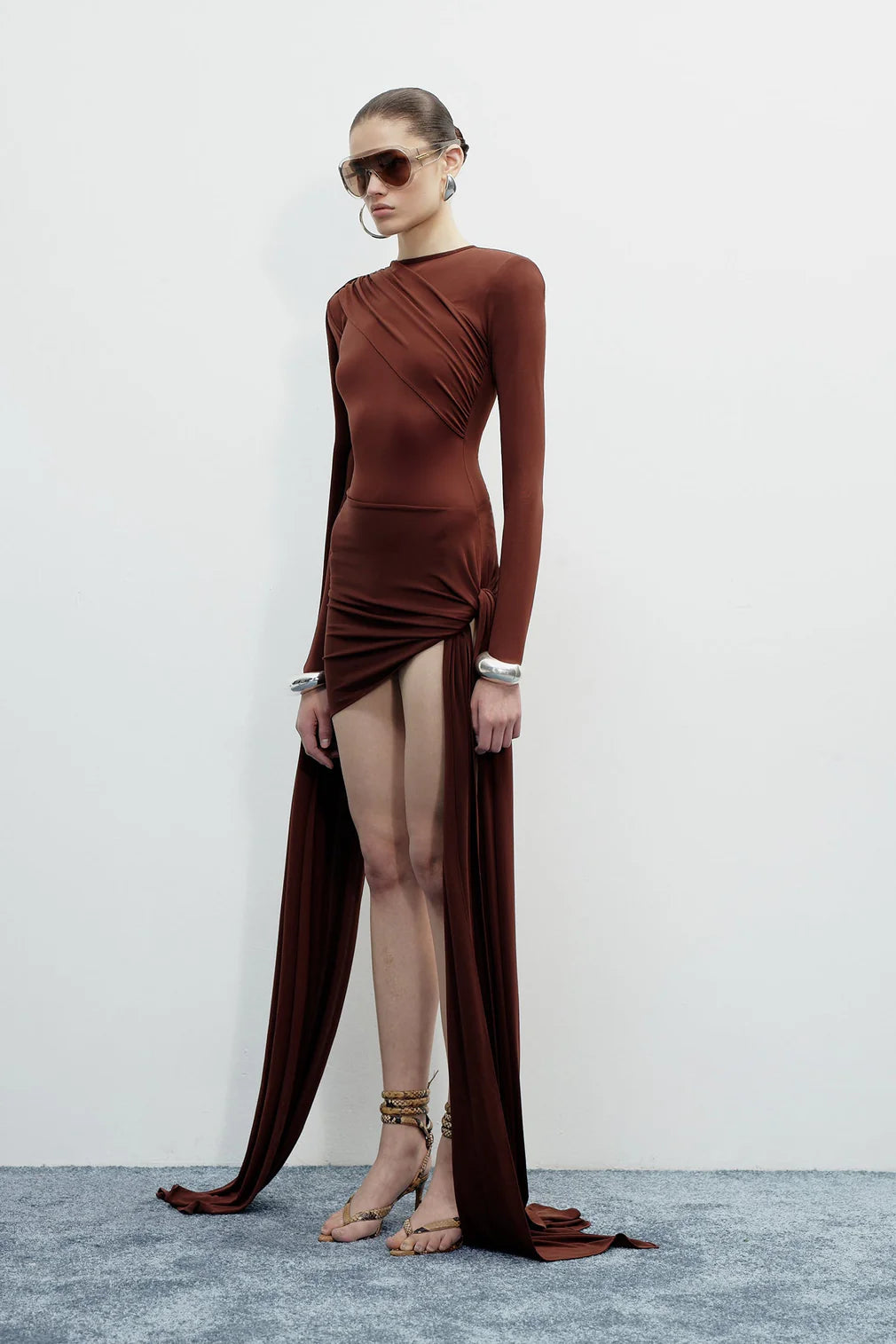 Long-Sleeve Crew Neck Shoulder-Padded Draped Caped Mini Dress