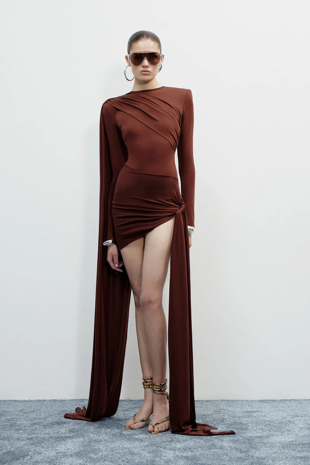Long-Sleeve Crew Neck Shoulder-Padded Draped Caped Mini Dress