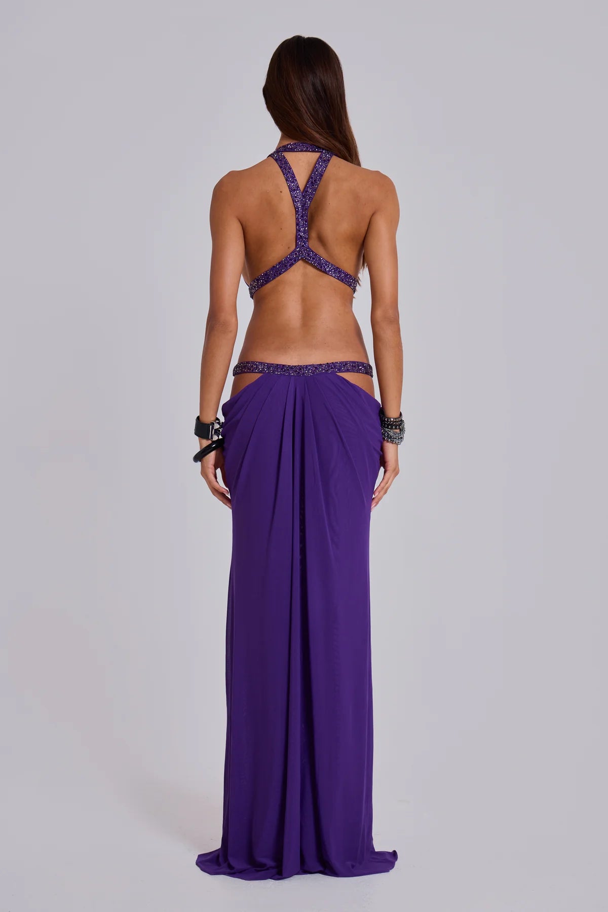 Crew-Neck Sleeveless Cutout Ruched Backless Purple Dress