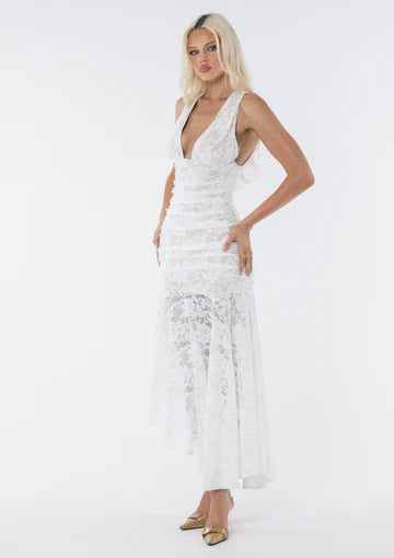 Deep V-Neck Sleeveless Asymmetrical Hem Lace Dress