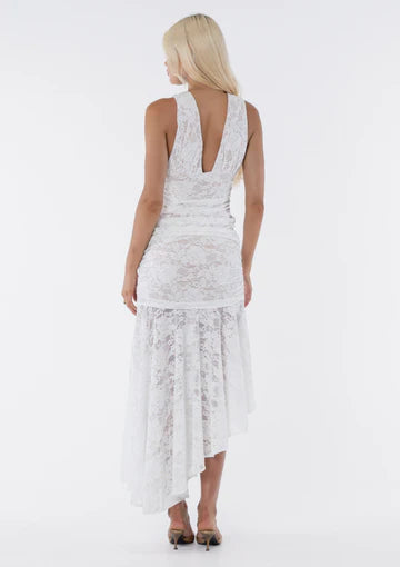 Deep V-Neck Sleeveless Asymmetrical Hem Lace Dress