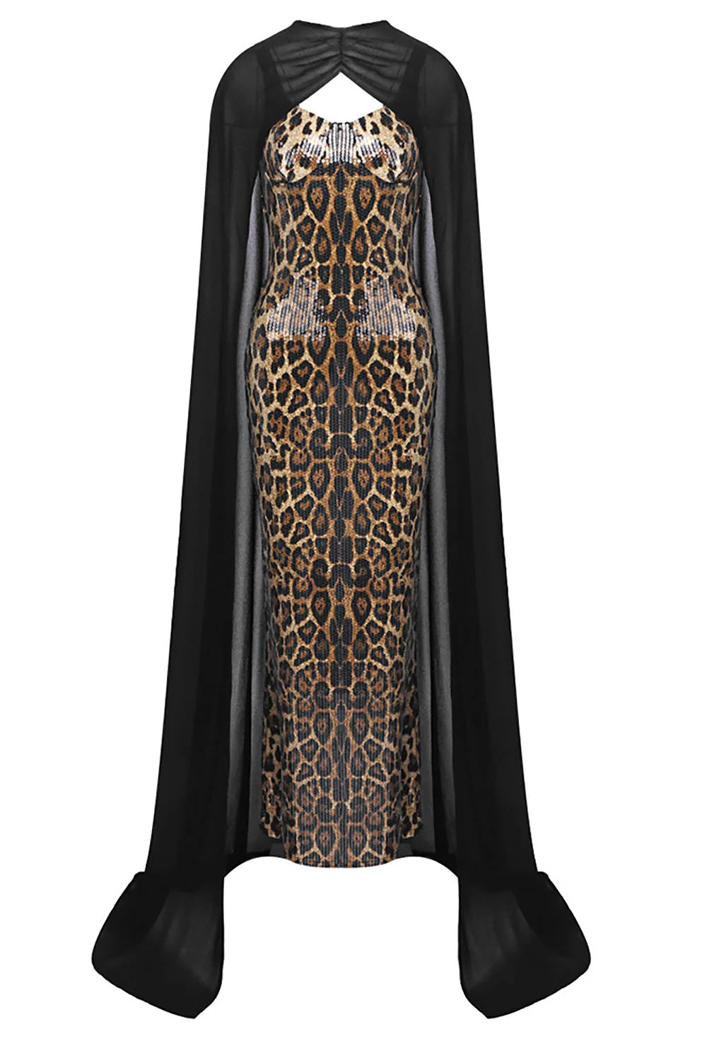 Two-Piece Sequin Leopard Spaghetti Strap Dress with Pullover Cape