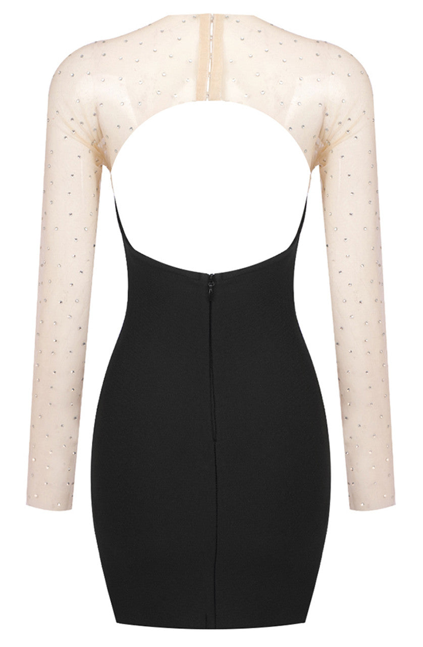 Crew-Neck Long-Sleeve Mesh Rhinestone Splicing Backless Bodycon Dress