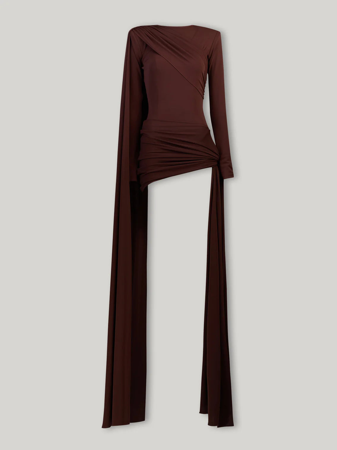 Long-Sleeve Crew Neck Shoulder-Padded Draped Caped Mini Dress
