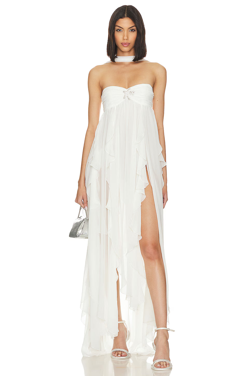 Strapless Draped-Neck Backless Asymmetric-Hem Chiffon Dress