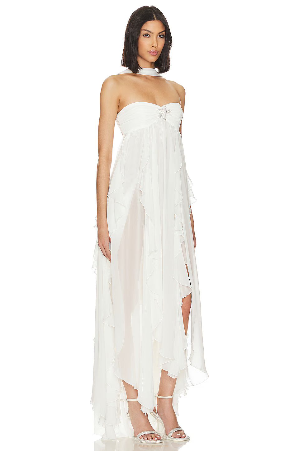 Strapless Draped-Neck Backless Asymmetric-Hem Chiffon Dress