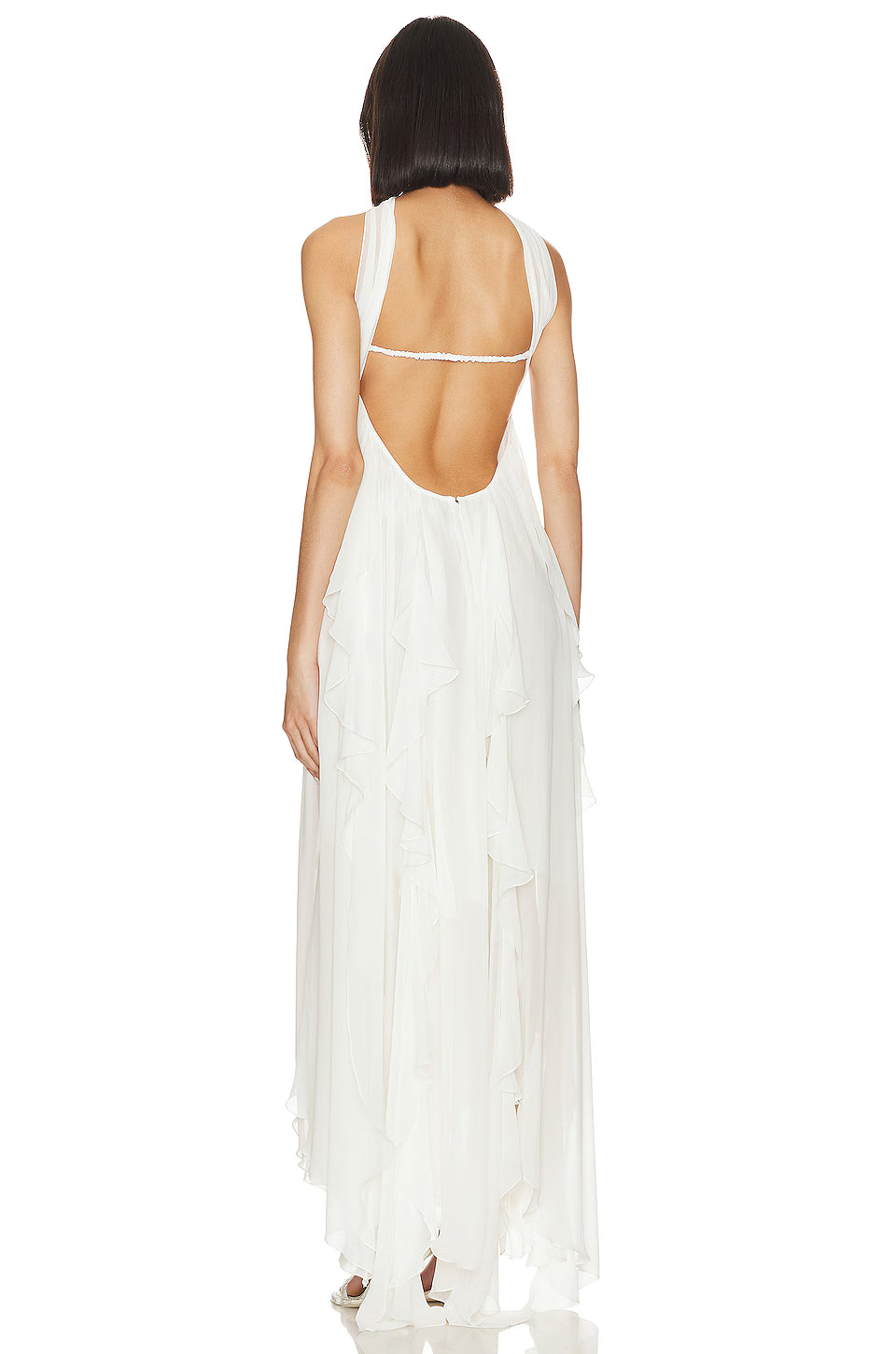 Strapless Draped-Neck Backless Asymmetric-Hem Chiffon Dress