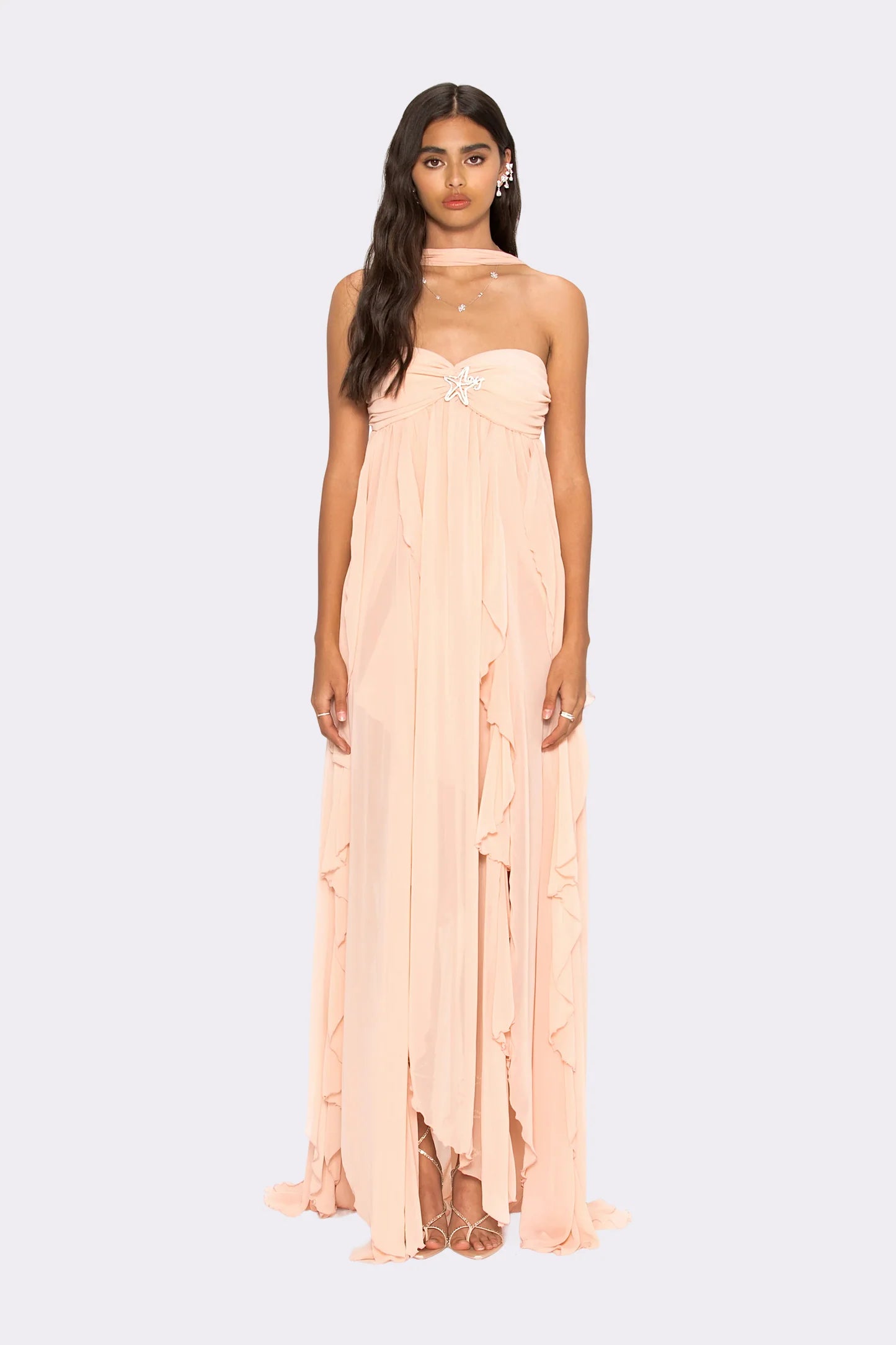 Strapless Draped-Neck Backless Asymmetric-Hem Chiffon Peach Dress