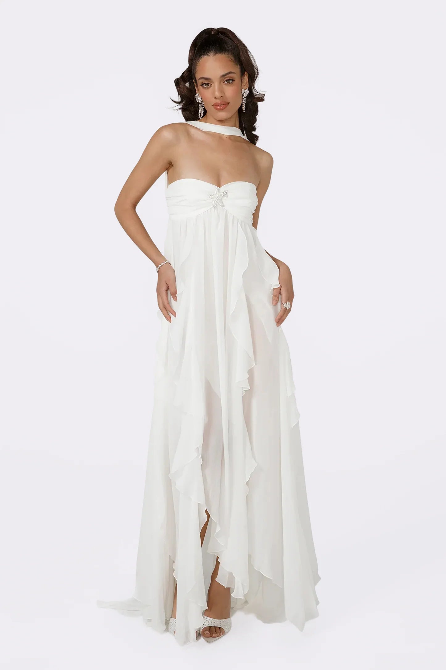 Strapless Draped-Neck Backless Asymmetric-Hem Chiffon Dress