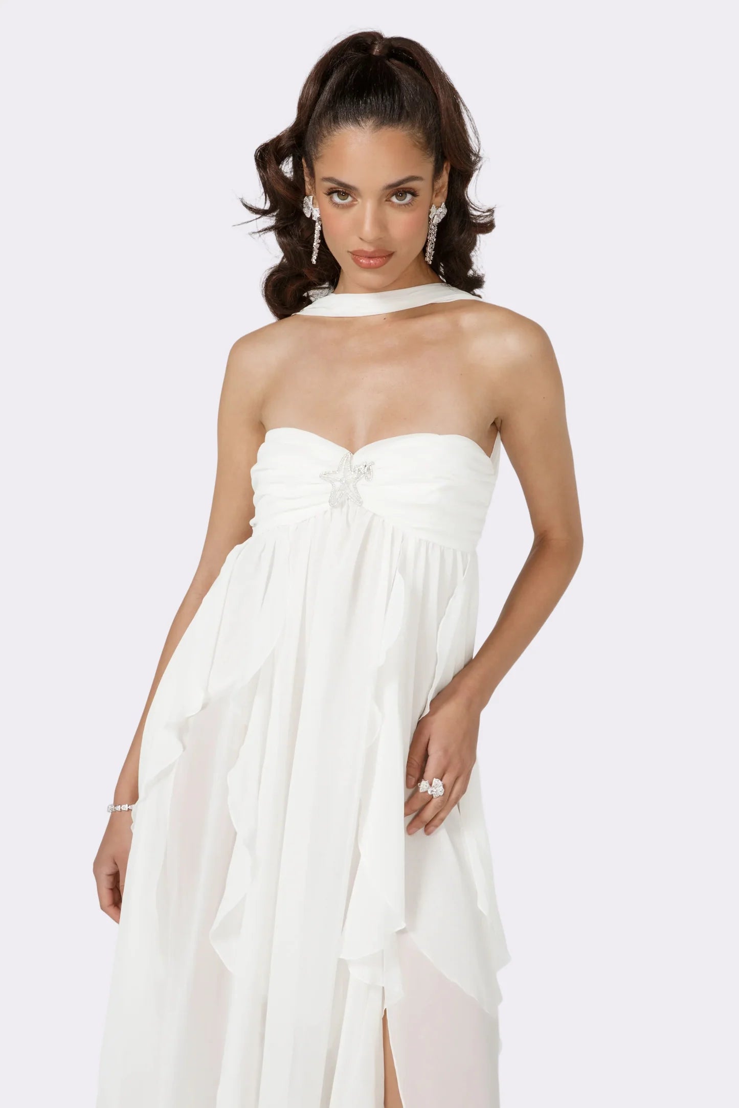 Strapless Draped-Neck Backless Asymmetric-Hem Chiffon Dress