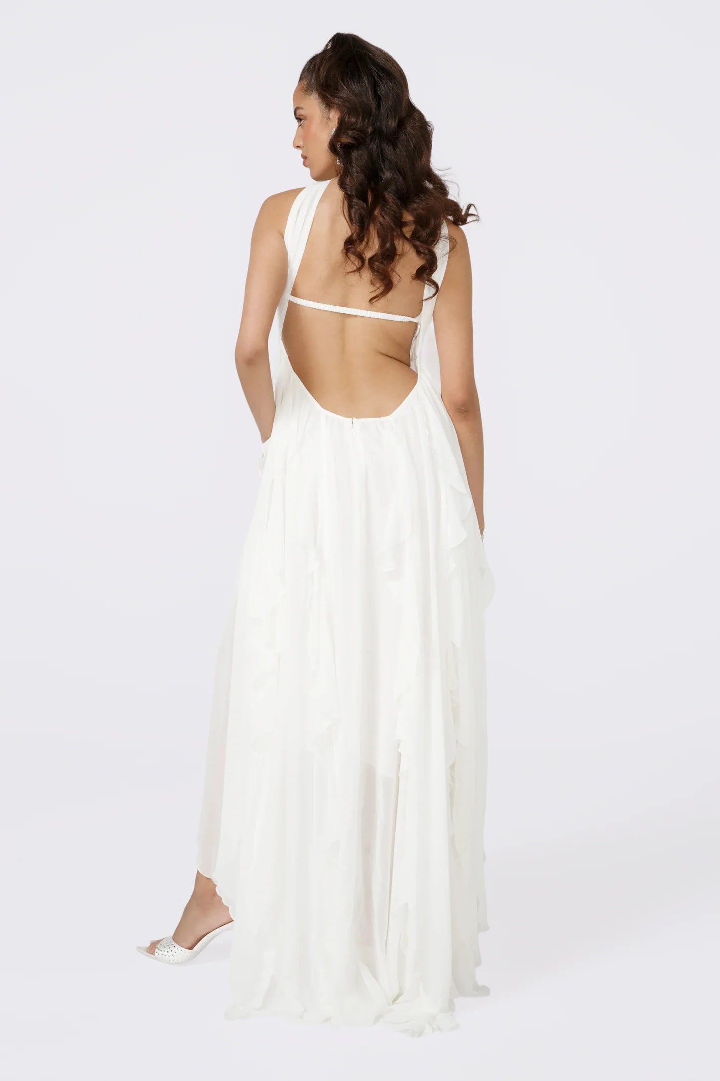 Strapless Draped-Neck Backless Asymmetric-Hem Chiffon Dress