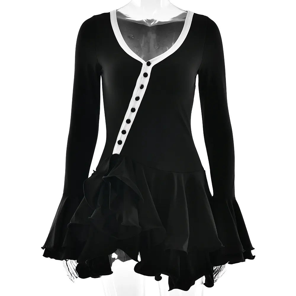Asymmetrical Button-Front Ruffle Mini Long-Sleeve Dress