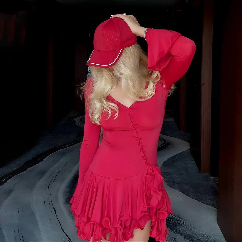 Asymmetrical Button-Front Ruffle Mini Long-Sleeve Dress