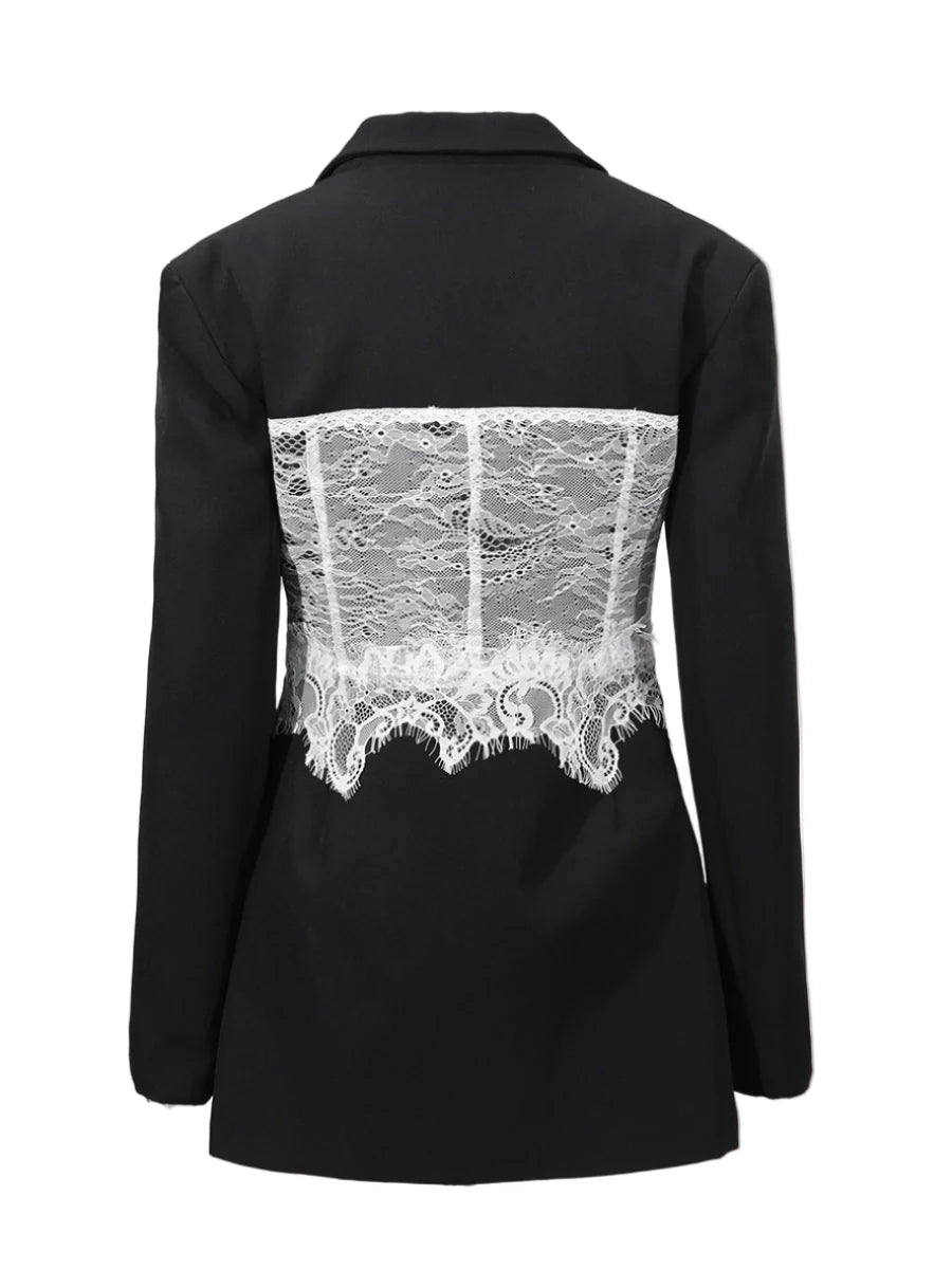 Lace-Splicing Blazer-Style Long-Sleeve Mini Dress