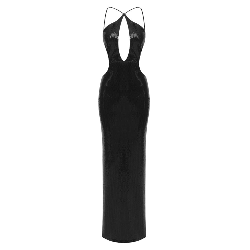 Sequin Halter Front-Center Cutout Back-Slit Dress