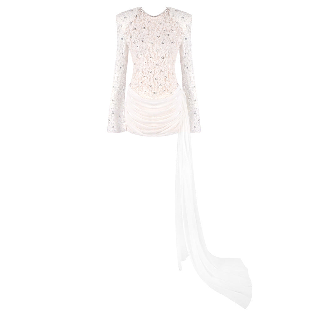 Crew-Neck Rhinestone-Embellished Guipure Lace Long-Sleeve Dress