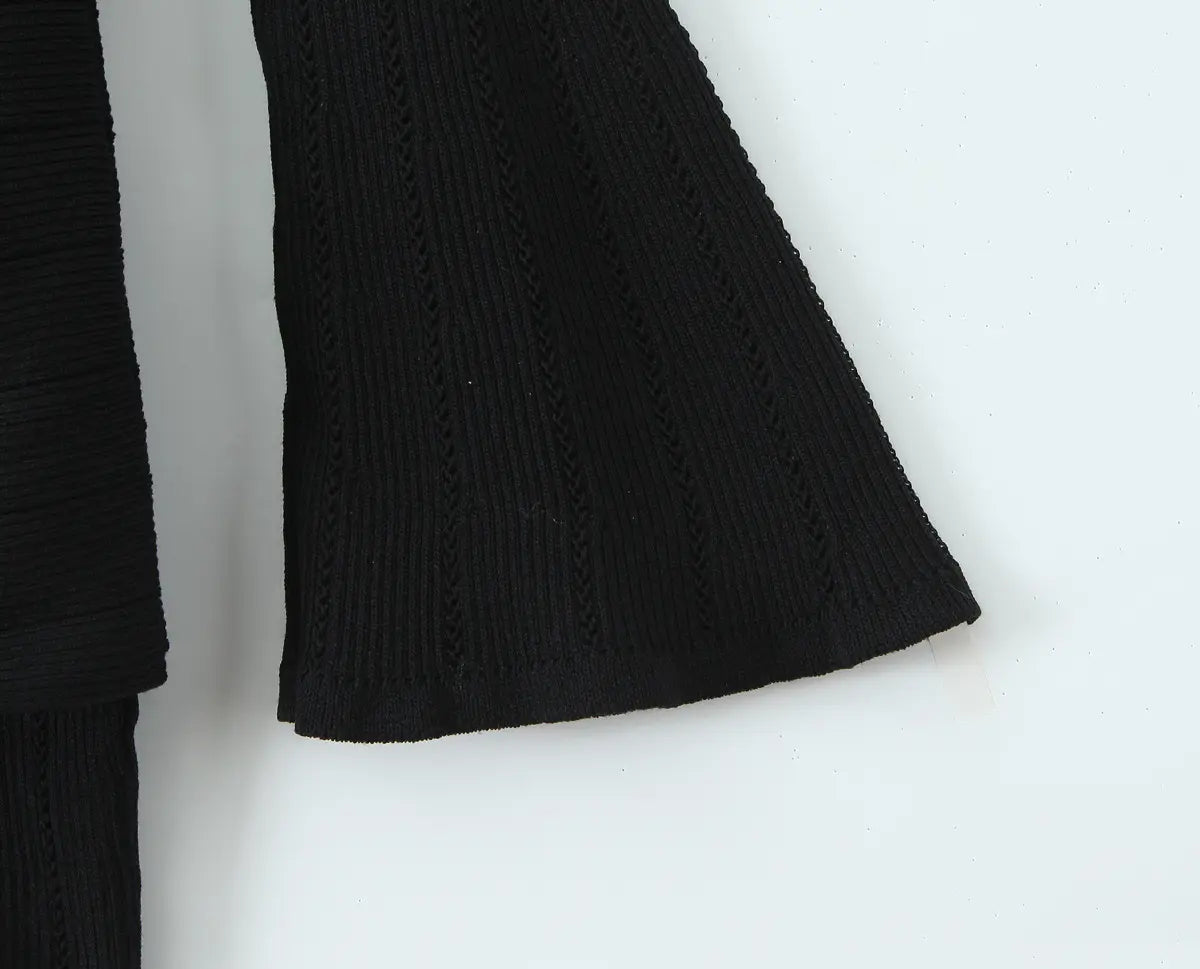 Open-Knit Ribbed Bell Sleeve Mini Dress with Hip Knot