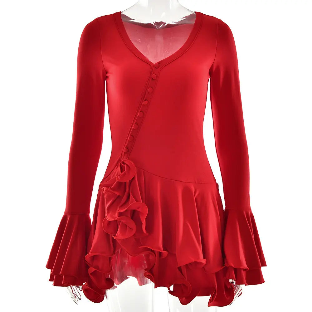 Asymmetrical Button-Front Ruffle Mini Long-Sleeve Dress
