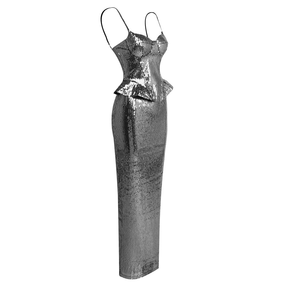 Sequin Spaghetti Strap Corset Top and Skirt Two-Piece Set