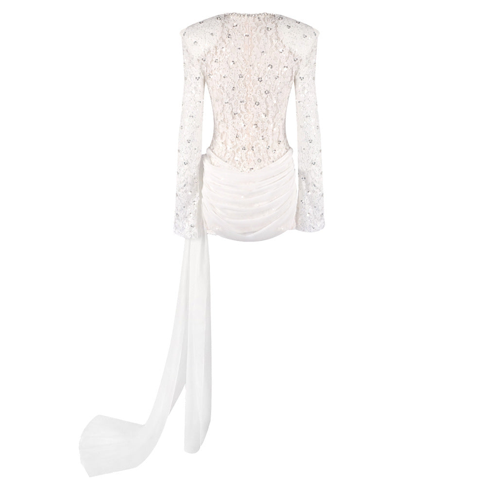 Crew-Neck Rhinestone-Embellished Guipure Lace Long-Sleeve Dress