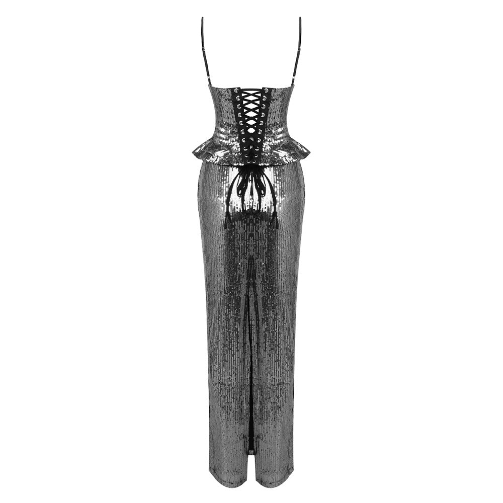 Sequin Spaghetti Strap Corset Top and Skirt Two-Piece Set