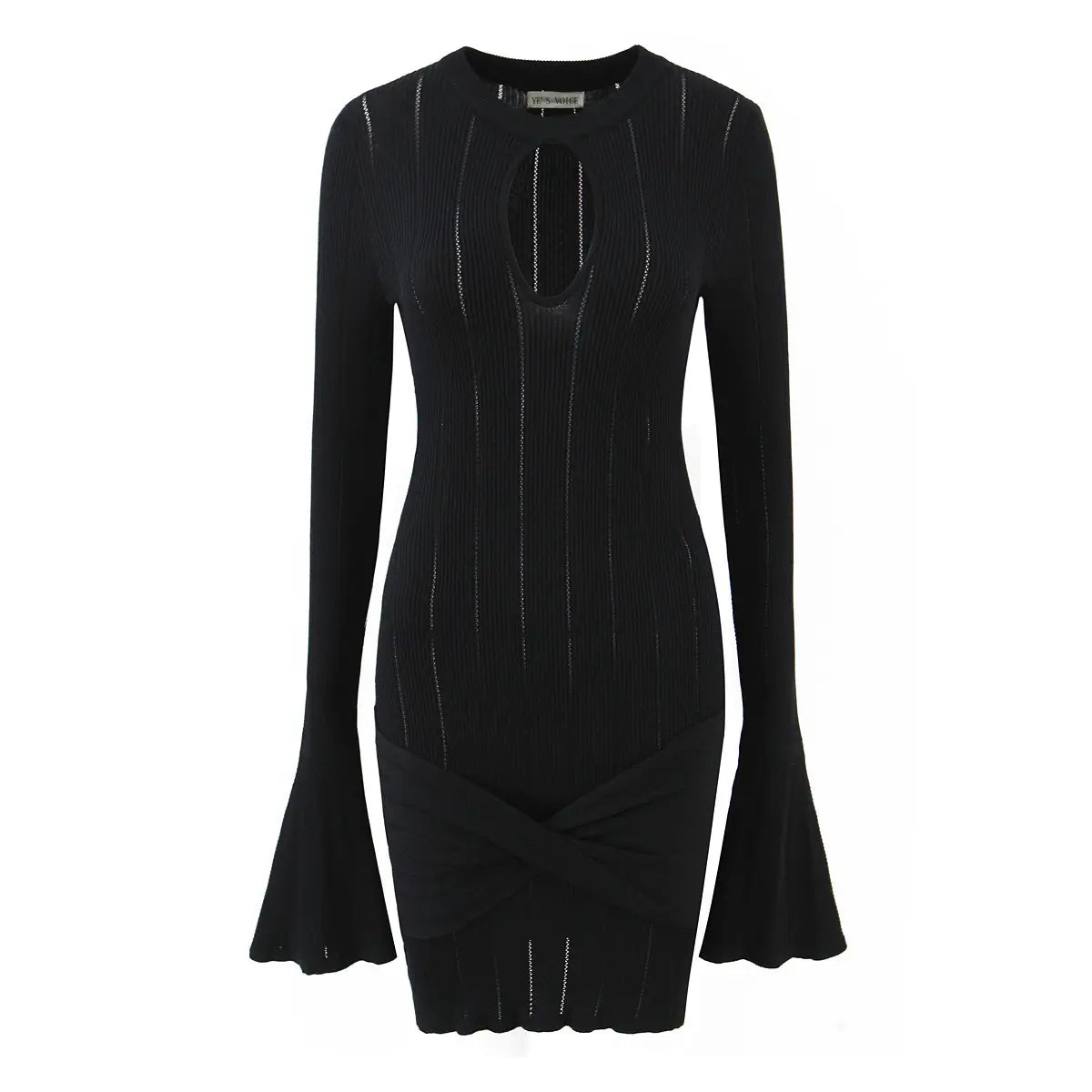 Open-Knit Ribbed Bell Sleeve Mini Dress with Hip Knot