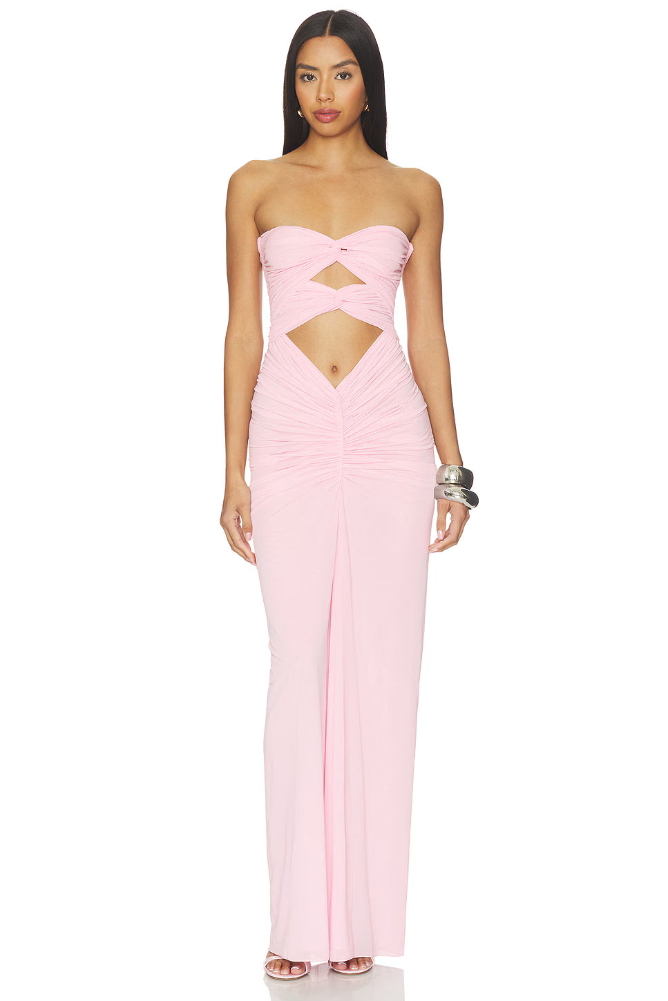 Strapless Front-Knot Cutout Ruched Maxi Dress