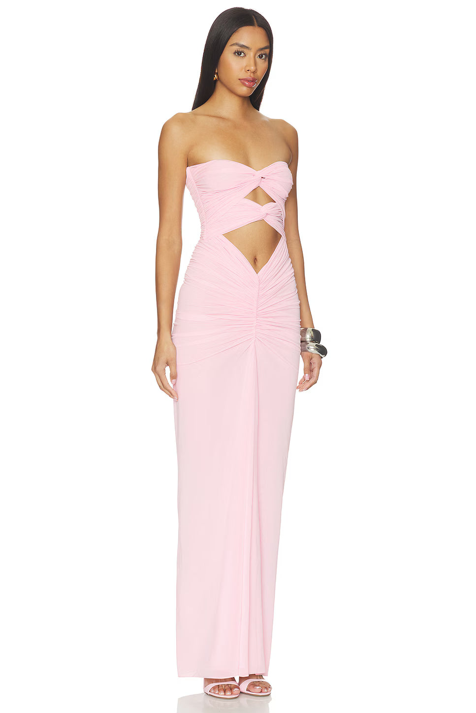 Strapless Front-Knot Cutout Ruched Maxi Dress