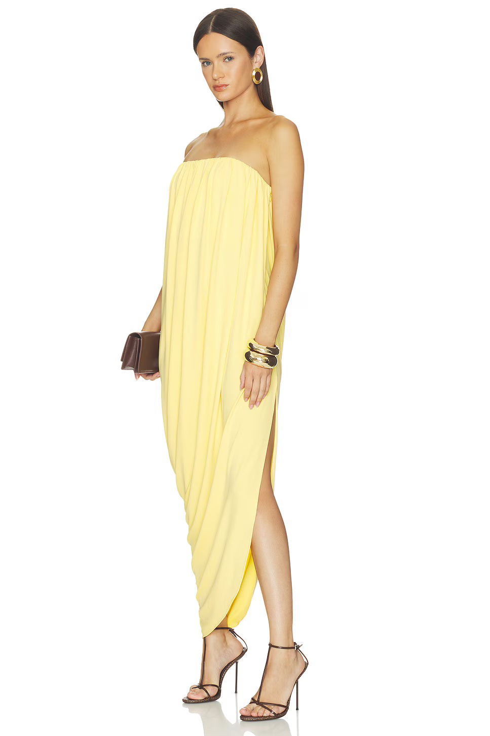 Strapless Draped Side-Slit Wrap Dress