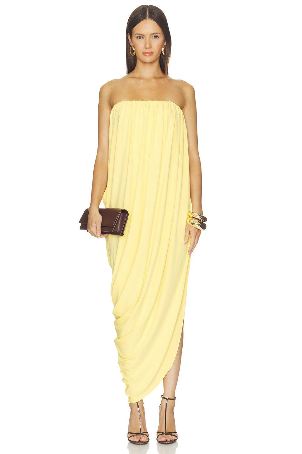 Strapless Draped Side-Slit Wrap Dress