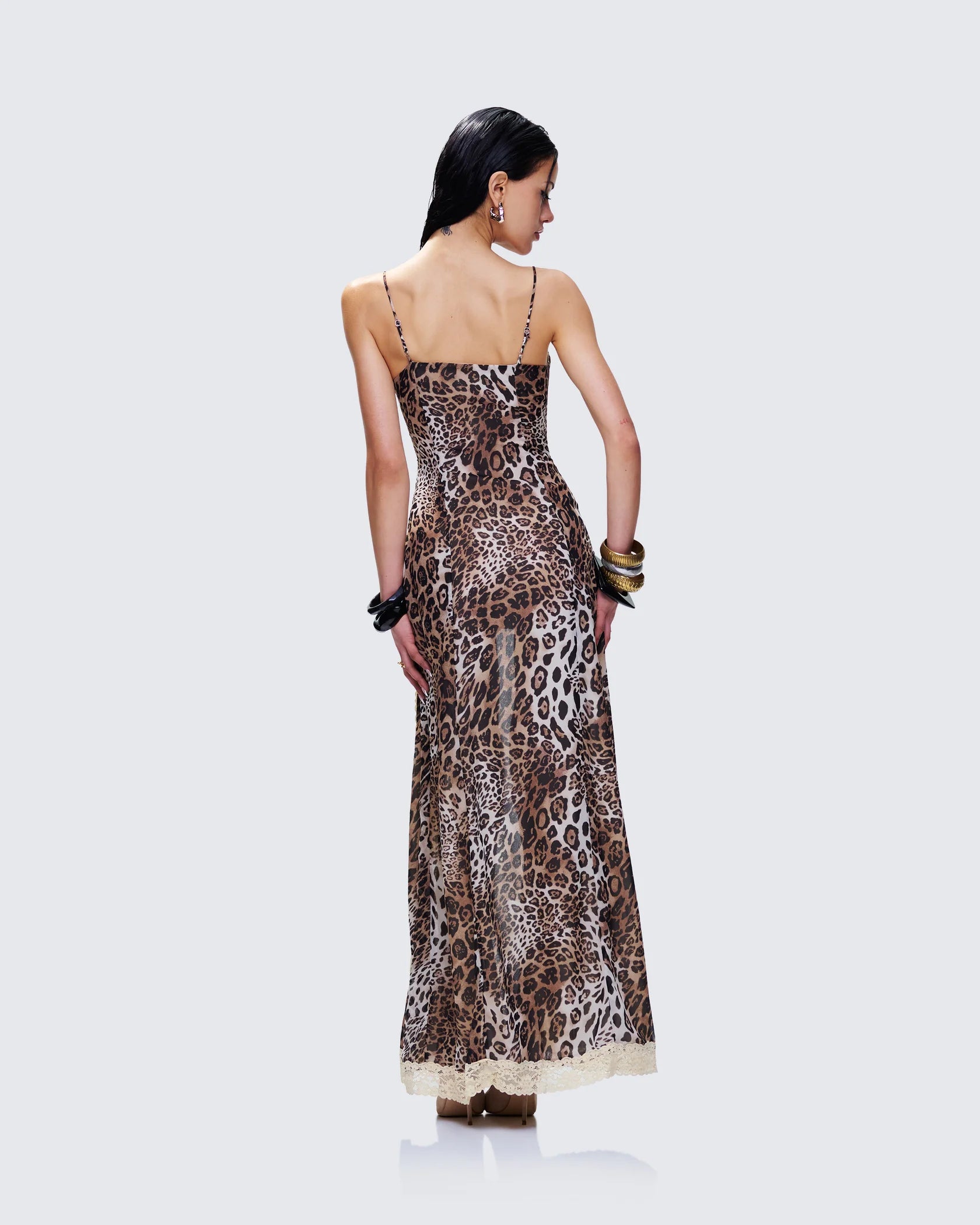 Spaghetti Strap Leopard Lace-Trim Front-Center Cutout High-Slit Dress