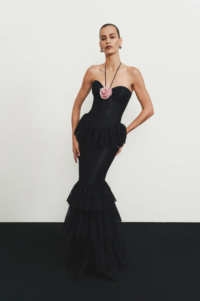 Strapless Corset-Style Halter-Tie 3D Floral Lace Dress