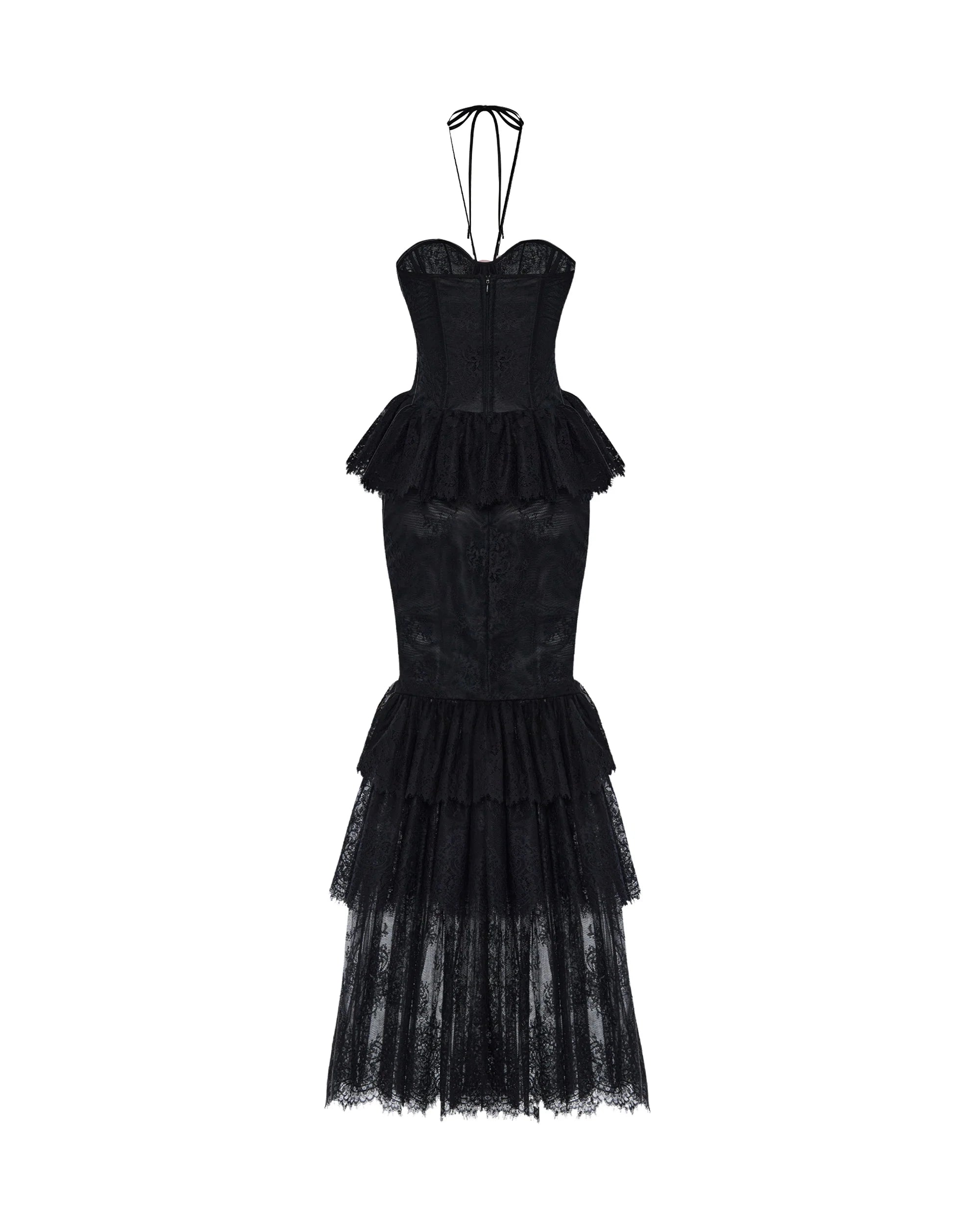 Strapless Corset-Style Halter-Tie 3D Floral Lace Dress