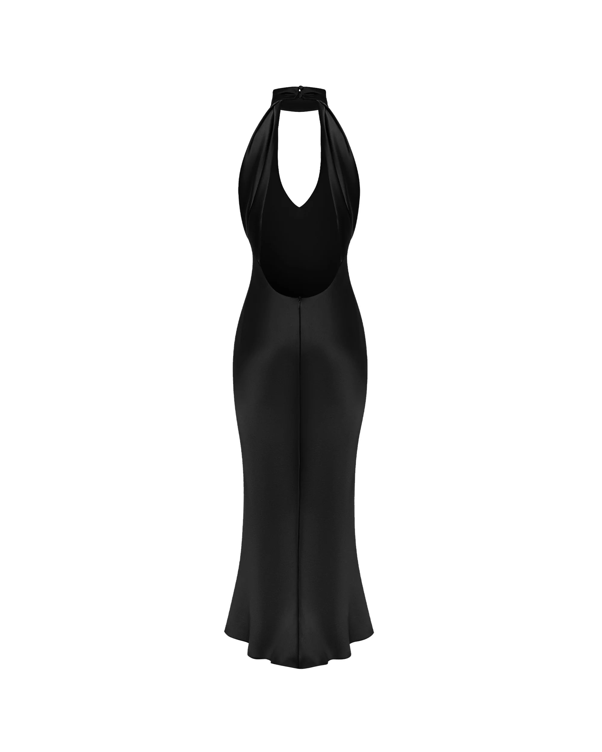 High-Neck Deep-V Backless Satin Black Dress