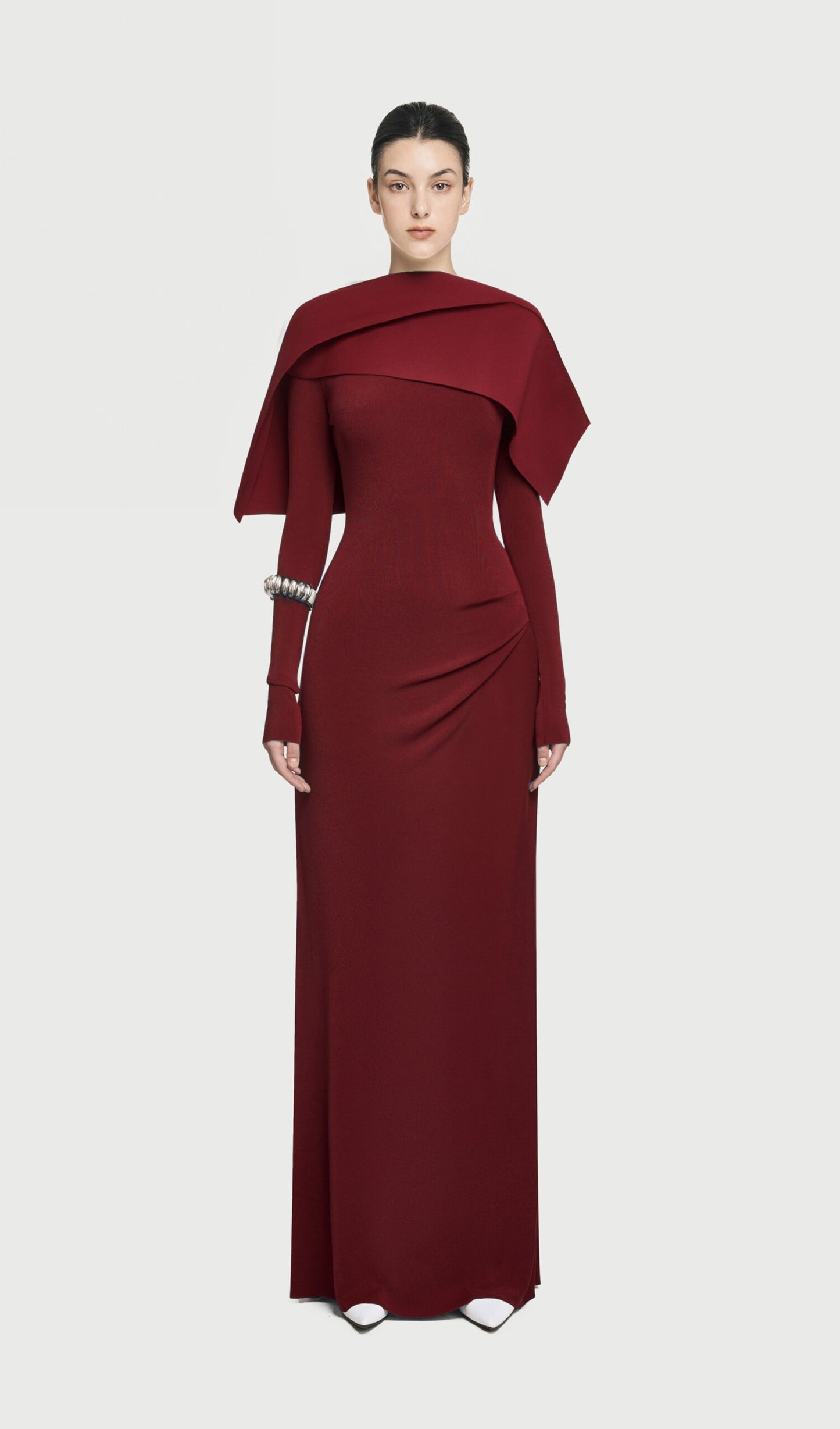 Asymmetrical Draped Shoulder Pleat Maxi Dress