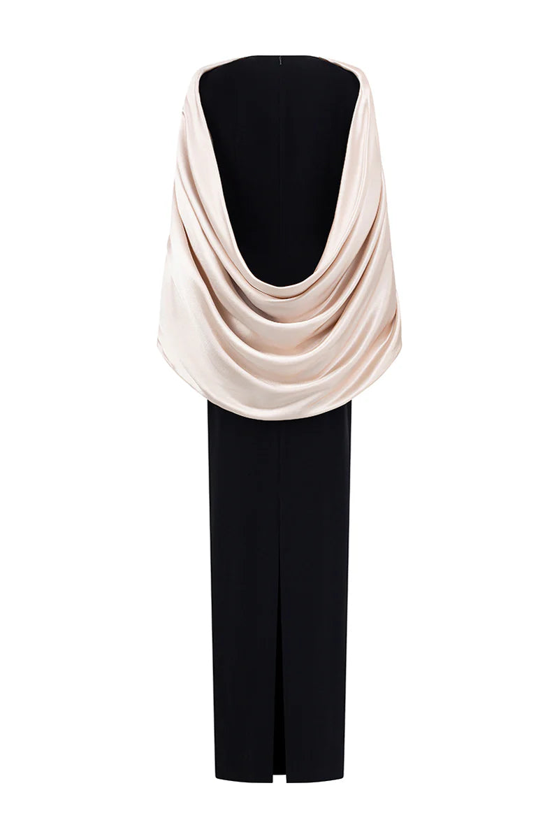 Satin Cape-Style Neckline Bow-Detail Maxi Evening Gown