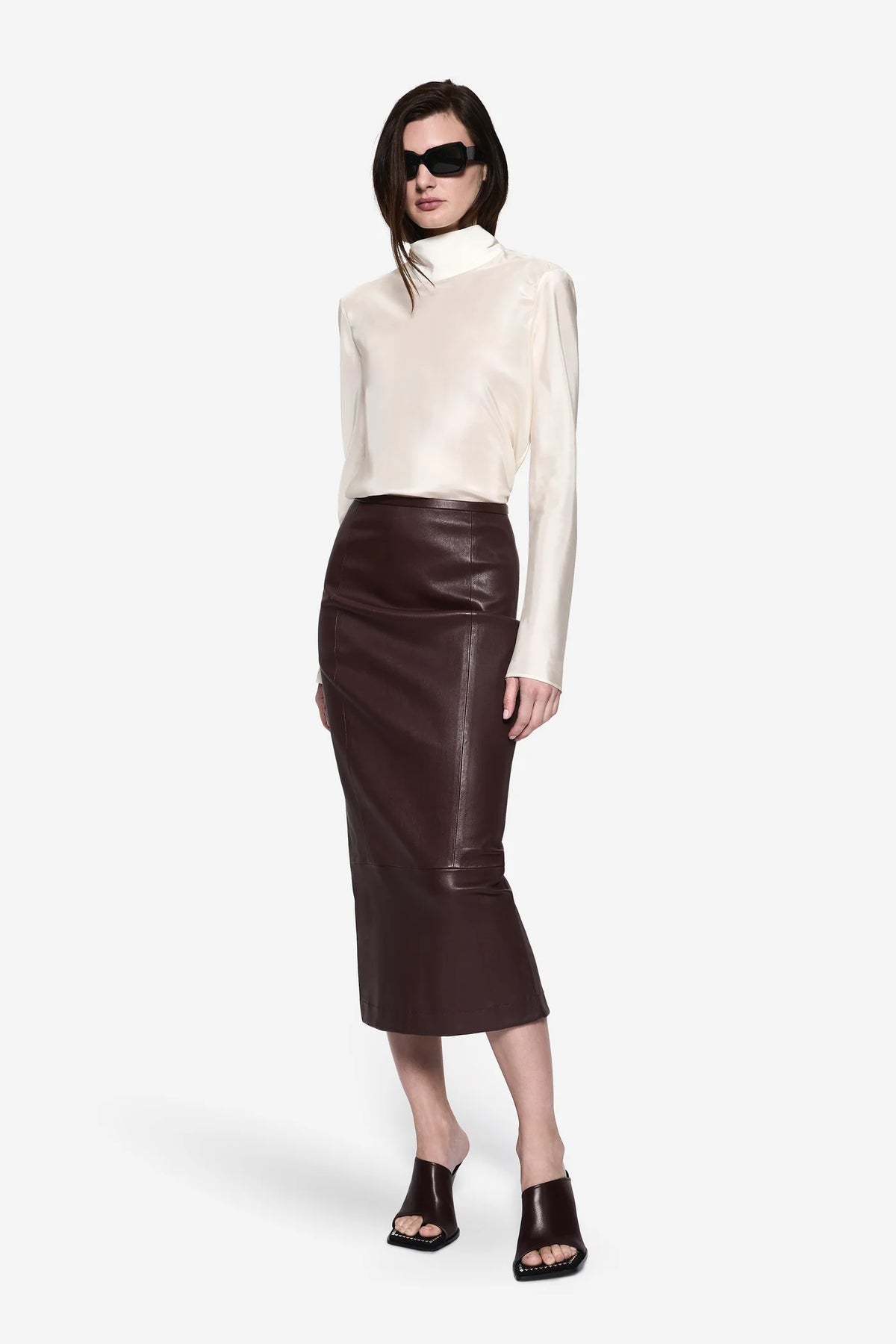 High-Neck Long-Sleeve Satin Blouse
